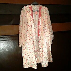 NWOT XL 16-18 Secret Treasures Pink Polka Dots Pink Lace Long Sheer Sleeve Robe